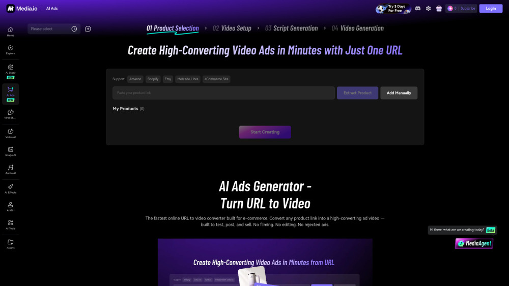 Media.io AI Video Ad Generator: создание видеорекламы из ссылок на товары